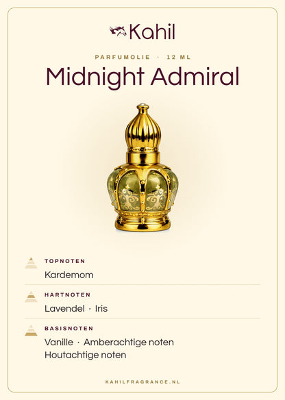 Fragrance notes of Kahil Midnight Admiral perfume oil 12 ml: top notes cardamom; heart notes lavender, iris; base notes vanilla, amber notes, woody notes