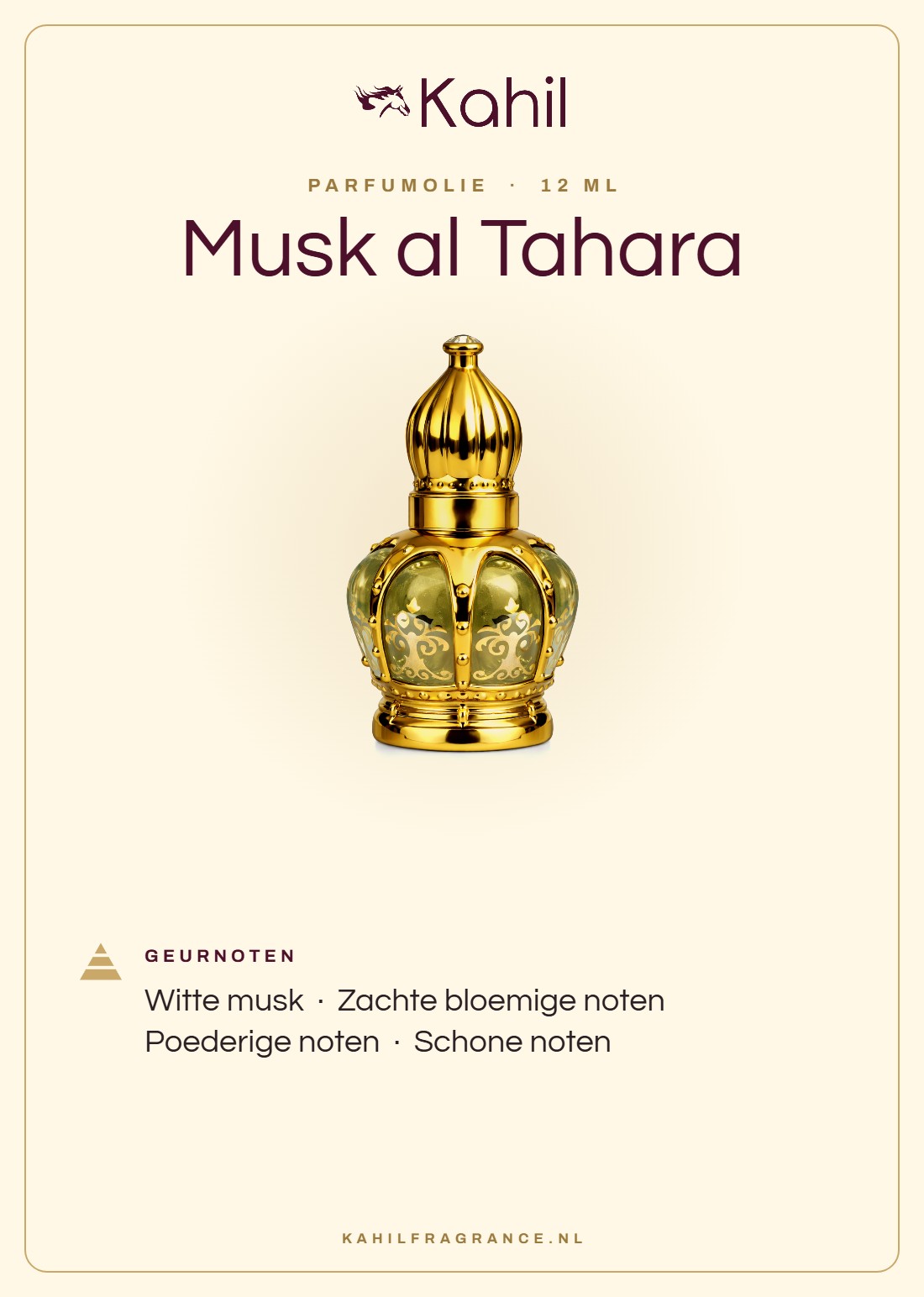 Duftnoten von Kahil Musk al Tahara Parfümöl 12 ml: Weißer Moschus, Zarte blumige Noten, Pudrige Noten, Saubere Noten