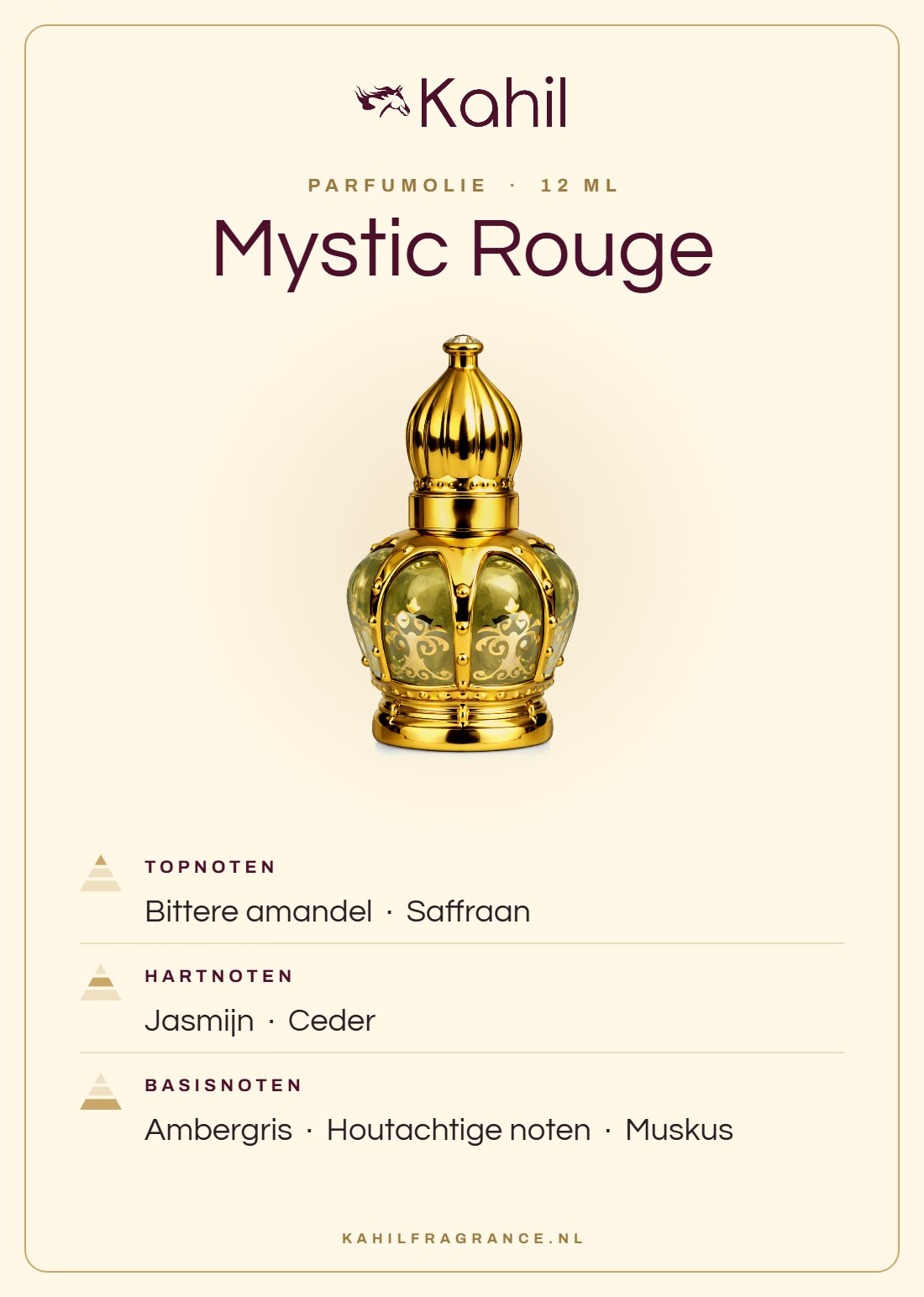 Duftnoten von Kahil Mystic Rouge Parfümöl 12 ml: Kopfnoten Bittermandel, Safran; Herznoten Jasmin, Zeder; Basisnoten Ambra, Holzige Noten, Moschus