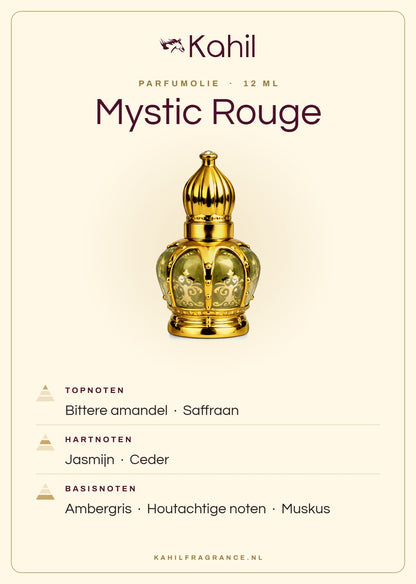 Duftnoten von Kahil Mystic Rouge Parfümöl 12 ml: Kopfnoten Bittermandel, Safran; Herznoten Jasmin, Zeder; Basisnoten Ambra, Holzige Noten, Moschus