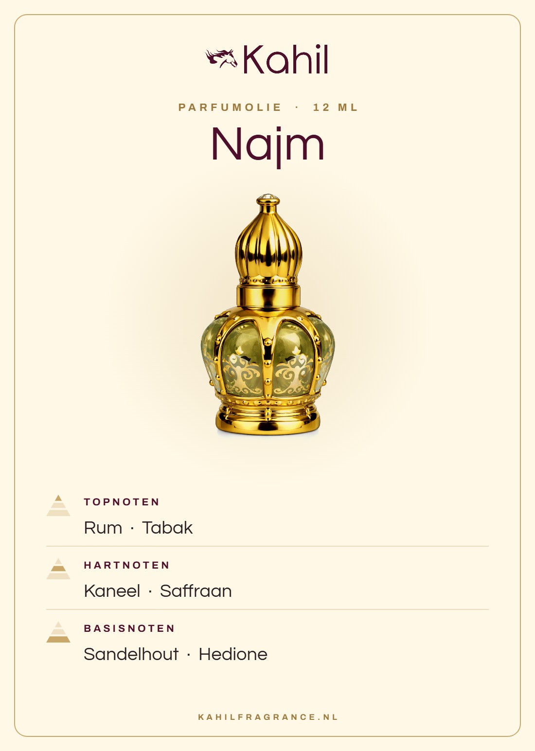 Duftnoten von Kahil Najm Parfümöl 12 ml: Kopfnoten Rum, Tabak; Herznoten Zimt, Safran; Basisnoten Sandelholz, Hedion