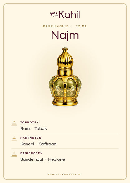Duftnoten von Kahil Najm Parfümöl 12 ml: Kopfnoten Rum, Tabak; Herznoten Zimt, Safran; Basisnoten Sandelholz, Hedion