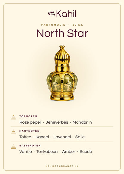 Fragrance notes of Kahil North Star perfume oil 12 ml: top notes pink pepper, juniper, mandarin; heart notes toffee, cinnamon, lavender, sage; base notes vanilla, tonka bean, amber, suede