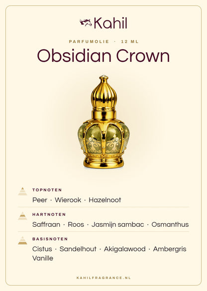 Duftnoten von Kahil Obsidian Crown Parfümöl 12 ml: Kopfnoten Birne, Weihrauch, Haselnuss; Herznoten Safran, Rose, Sambac-Jasmin, Osmanthus; Basisnoten Zistrose, Sandelholz, Akigalawood, Ambra, Vanille