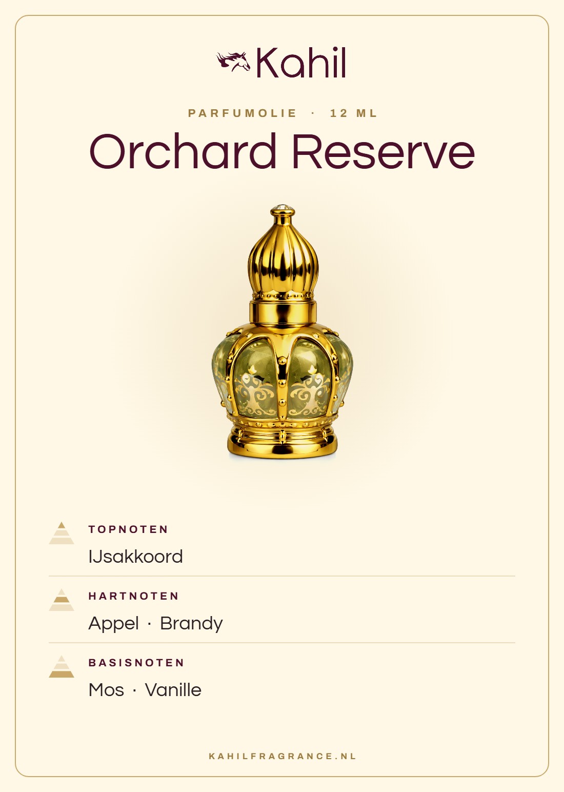 Fragrance notes of Kahil Orchard Reserve perfume oil 12 ml: top notes ice accord; heart notes apple, brandy; base notes moss, vanilla