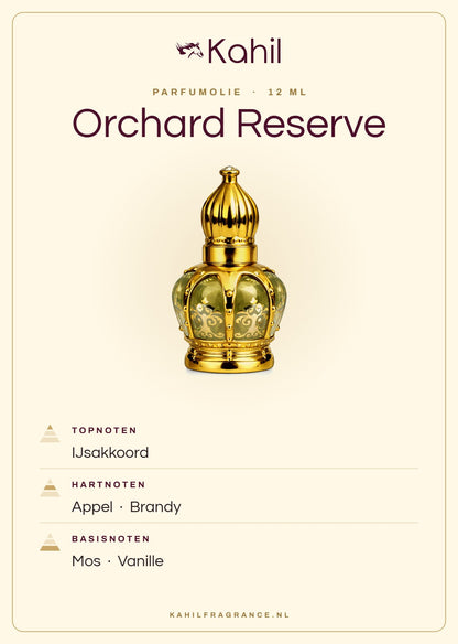 Fragrance notes of Kahil Orchard Reserve perfume oil 12 ml: top notes ice accord; heart notes apple, brandy; base notes moss, vanilla