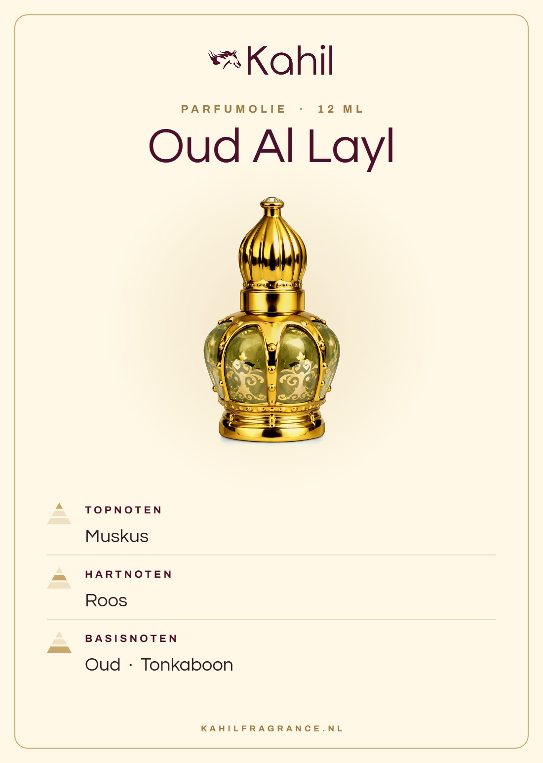 Duftnoten von Kahil Oud Al Layl Parfümöl 12 ml: Kopfnoten Moschus; Herznoten Rose; Basisnoten Oud, Tonkabohne