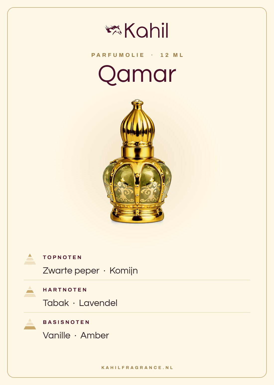 Duftnoten von Kahil Qamar Parfümöl 12 ml: Kopfnoten Schwarzer Pfeffer, Kreuzkümmel; Herznoten Tabak, Lavendel; Basisnoten Vanille, Amber