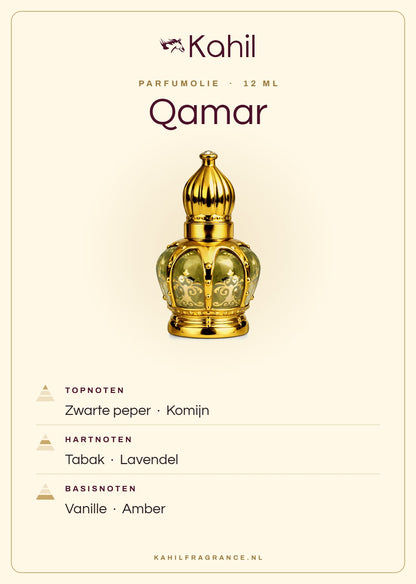 Duftnoten von Kahil Qamar Parfümöl 12 ml: Kopfnoten Schwarzer Pfeffer, Kreuzkümmel; Herznoten Tabak, Lavendel; Basisnoten Vanille, Amber
