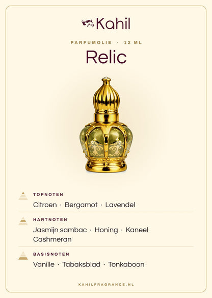 Geurnoten van Kahil Relic parfumolie 12 ml: topnoten citroen, bergamot, lavendel; hartnoten jasmijn sambac, honing, kaneel, cashmeran; basisnoten vanille, tabaksblad, tonkaboon
