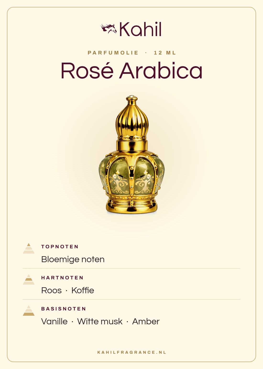 Duftnoten von Kahil Rosé Arabica Parfümöl 12 ml: Kopfnoten Blumige Noten; Herznoten Rose, Kaffee; Basisnoten Vanille, Weißer Moschus, Amber