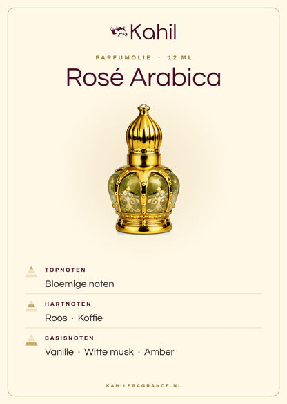 Duftnoten von Kahil Rosé Arabica Parfümöl 12 ml: Kopfnoten Blumige Noten; Herznoten Rose, Kaffee; Basisnoten Vanille, Weißer Moschus, Amber