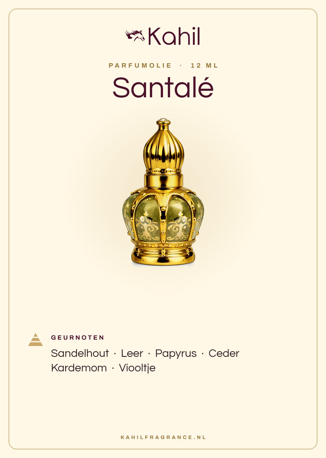 Geurnoten van Kahil Santalé parfumolie 12 ml: sandelhout, leer, papyrus, ceder, kardemom, viooltje