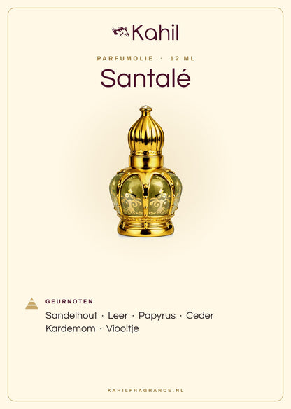 Geurnoten van Kahil Santalé parfumolie 12 ml: sandelhout, leer, papyrus, ceder, kardemom, viooltje