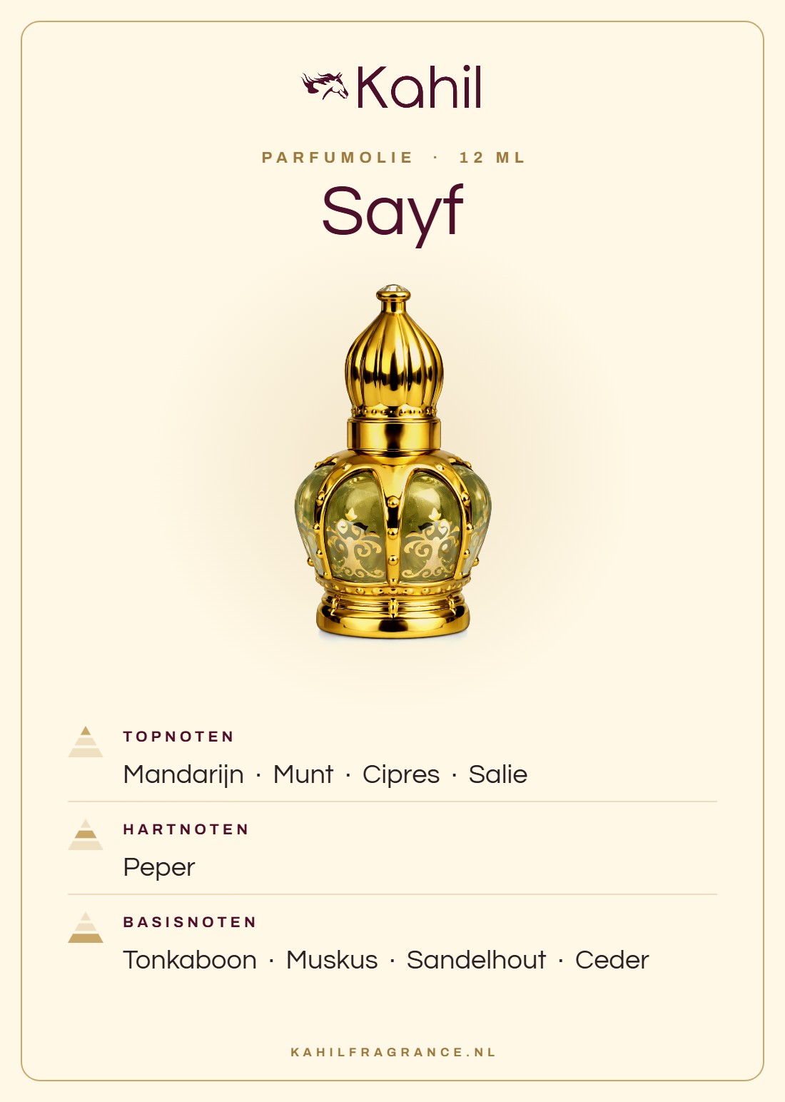 Geurnoten van Kahil Sayf parfumolie 12 ml: topnoten mandarijn, munt, cipres, salie; hartnoten peper; basisnoten tonkaboon, muskus, sandelhout, ceder
