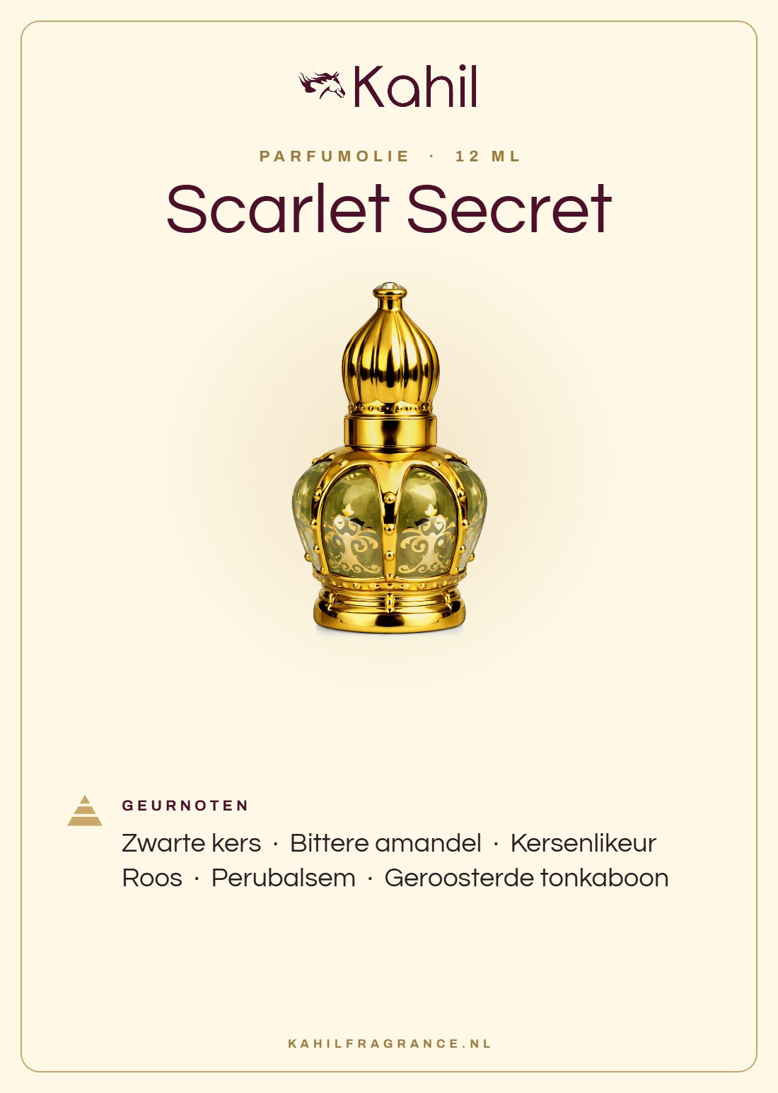 Fragrance notes of Kahil Scarlet Secret perfume oil 12 ml: black cherry, bitter almond, cherry liqueur, rose, Peru balsam, roasted tonka