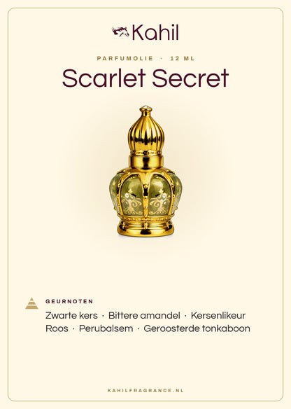 Fragrance notes of Kahil Scarlet Secret perfume oil 12 ml: black cherry, bitter almond, cherry liqueur, rose, Peru balsam, roasted tonka