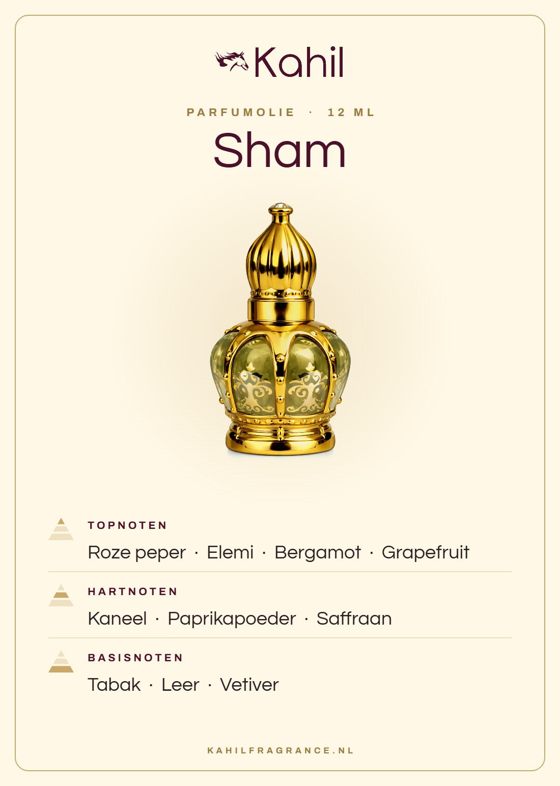 Duftnoten von Kahil Sham Parfümöl 12 ml: Kopfnoten Rosa Pfeffer, Elemi, Bergamotte, Grapefruit; Herznoten Zimt, Paprika, Safran; Basisnoten Tabak, Leder, Vetiver