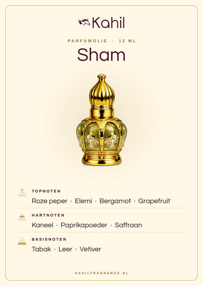 Duftnoten von Kahil Sham Parfümöl 12 ml: Kopfnoten Rosa Pfeffer, Elemi, Bergamotte, Grapefruit; Herznoten Zimt, Paprika, Safran; Basisnoten Tabak, Leder, Vetiver