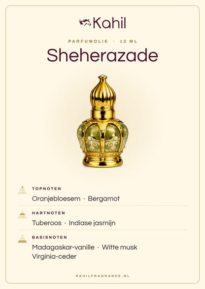 Duftnoten von Kahil Sheherazade Parfümöl 12 ml: Kopfnoten Orangenblüte, Bergamotte; Herznoten Tuberose, Indischer Jasmin; Basisnoten Madagaskar-Vanille, Weißer Moschus, Virginia-Zeder