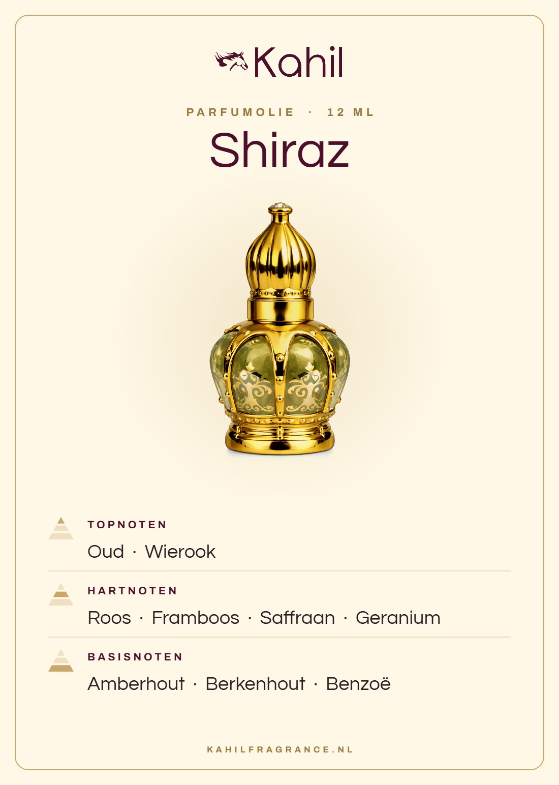 Duftnoten von Kahil Shiraz Parfümöl 12 ml: Kopfnoten Oud, Weihrauch; Herznoten Rose, Himbeere, Safran, Geranie; Basisnoten Amberholz, Birkenholz, Benzoe