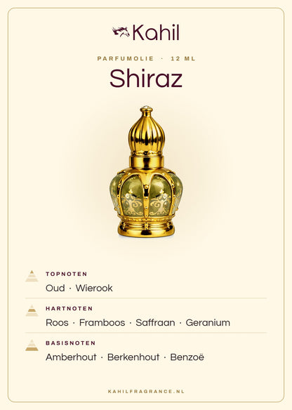 Duftnoten von Kahil Shiraz Parfümöl 12 ml: Kopfnoten Oud, Weihrauch; Herznoten Rose, Himbeere, Safran, Geranie; Basisnoten Amberholz, Birkenholz, Benzoe