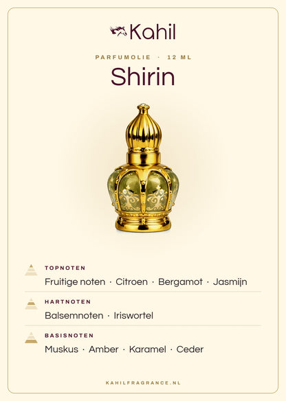 Duftnoten von Kahil Shirin Parfümöl 12 ml: Kopfnoten Fruchtige Noten, Zitrone, Bergamotte, Jasmin; Herznoten Balsamische Noten, Iriswurzel; Basisnoten Moschus, Amber, Karamell, Zeder