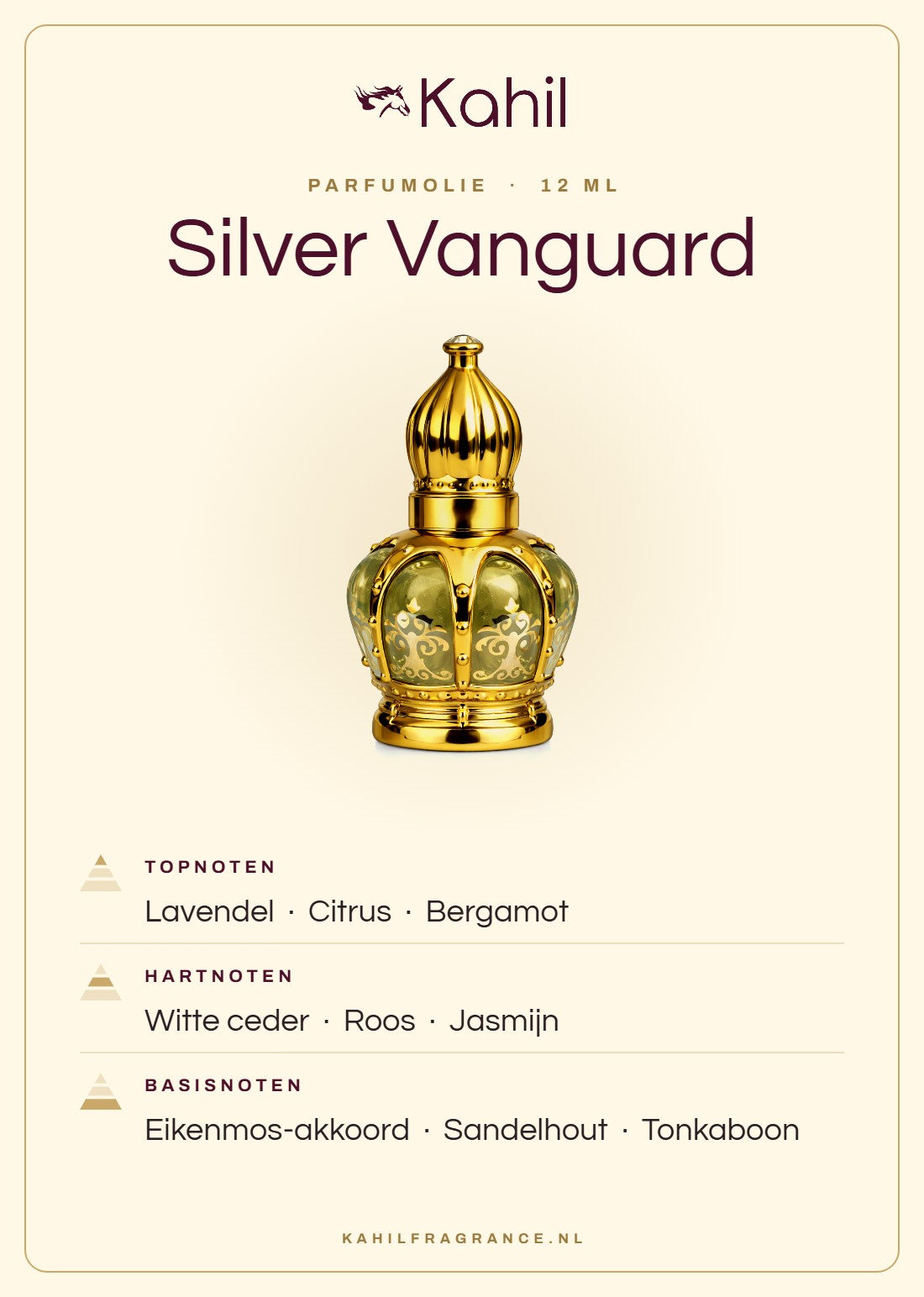 Geurnoten van Kahil Silver Vanguard parfumolie 12 ml: topnoten lavendel, citrus, bergamot; hartnoten witte ceder, roos, jasmijn; basisnoten eikenmos-akkoord, sandelhout, tonkaboon