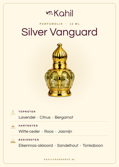 Geurnoten van Kahil Silver Vanguard parfumolie 12 ml: topnoten lavendel, citrus, bergamot; hartnoten witte ceder, roos, jasmijn; basisnoten eikenmos-akkoord, sandelhout, tonkaboon