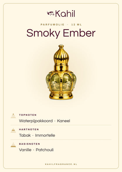 Duftnoten von Kahil Smoky Ember Parfümöl 12 ml: Kopfnoten Shisha-Akkord, Zimt; Herznoten Tabak, Immortelle; Basisnoten Vanille, Patchouli