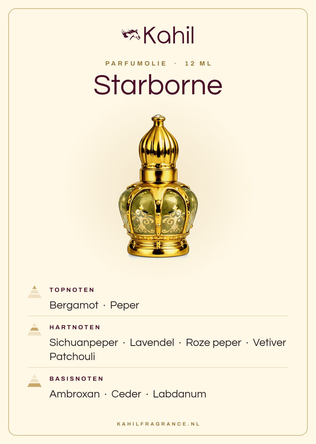 Duftnoten von Kahil Starborne Parfümöl 12 ml: Kopfnoten Bergamotte, Pfeffer; Herznoten Szechuanpfeffer, Lavendel, Rosa Pfeffer, Vetiver, Patchouli; Basisnoten Ambroxan, Zeder, Labdanum