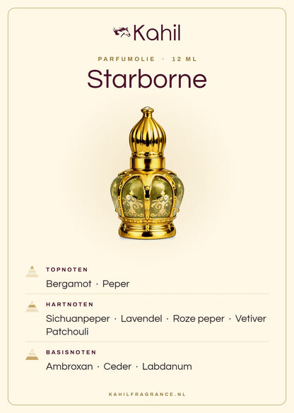 Duftnoten von Kahil Starborne Parfümöl 12 ml: Kopfnoten Bergamotte, Pfeffer; Herznoten Szechuanpfeffer, Lavendel, Rosa Pfeffer, Vetiver, Patchouli; Basisnoten Ambroxan, Zeder, Labdanum