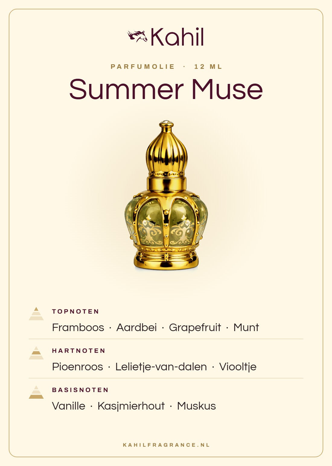 Duftnoten von Kahil Summer Muse Parfümöl 12 ml: Kopfnoten Himbeere, Erdbeere, Grapefruit, Minze; Herznoten Pfingstrose, Maiglöckchen, Veilchen; Basisnoten Vanille, Kaschmirholz, Moschus