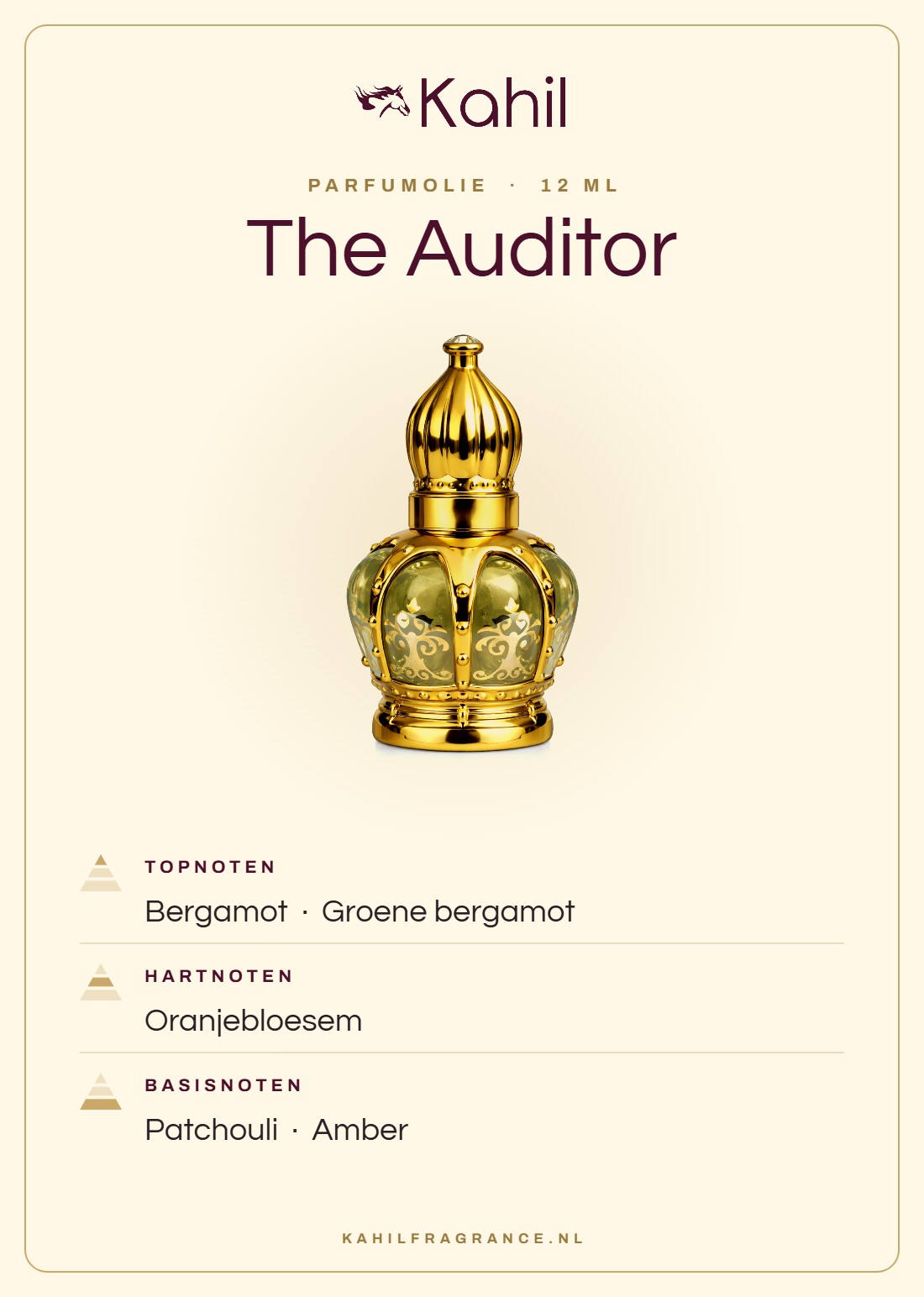 Duftnoten von Kahil The Auditor Parfümöl 12 ml: Kopfnoten Bergamotte, Grüne Bergamotte; Herznoten Orangenblüte; Basisnoten Patchouli, Amber