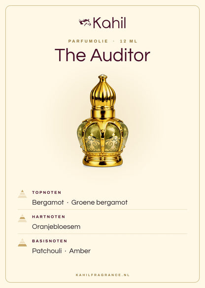 Duftnoten von Kahil The Auditor Parfümöl 12 ml: Kopfnoten Bergamotte, Grüne Bergamotte; Herznoten Orangenblüte; Basisnoten Patchouli, Amber