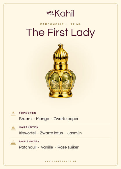 Duftnoten von Kahil The First Lady Parfümöl 12 ml: Kopfnoten Brombeere, Mango, Schwarzer Pfeffer; Herznoten Iriswurzel, Schwarzer Lotus, Jasmin; Basisnoten Patchouli, Vanille, Rosa Zucker