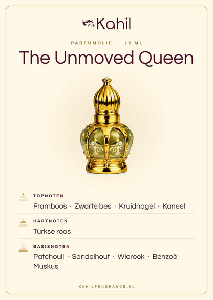 Duftnoten von Kahil The Unmoved Queen Parfümöl 12 ml: Kopfnoten Himbeere, Schwarze Johannisbeere, Gewürznelke, Zimt; Herznoten Türkische Rose; Basisnoten Patchouli, Sandelholz, Weihrauch, Benzoe, Moschus