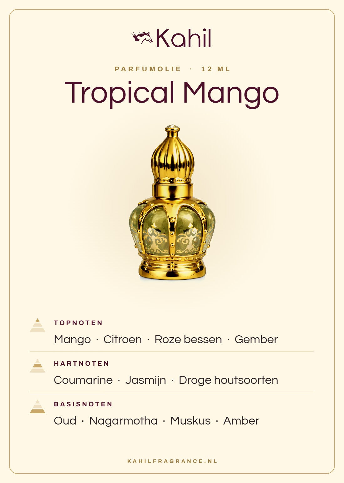 Duftnoten von Kahil Tropical Mango Parfümöl 12 ml: Kopfnoten Mango, Zitrone, Rosa Beeren, Ingwer; Herznoten Cumarin, Jasmin, Trockene Hölzer; Basisnoten Oud, Nagarmotha, Moschus, Amber