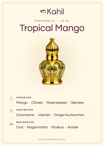 Duftnoten von Kahil Tropical Mango Parfümöl 12 ml: Kopfnoten Mango, Zitrone, Rosa Beeren, Ingwer; Herznoten Cumarin, Jasmin, Trockene Hölzer; Basisnoten Oud, Nagarmotha, Moschus, Amber