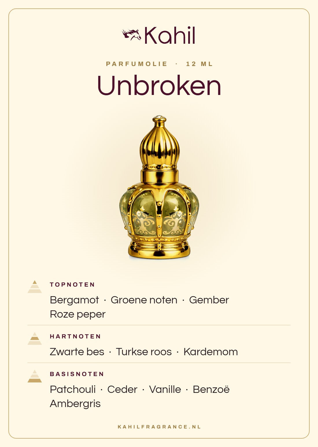 Fragrance notes of Kahil Unbroken perfume oil 12 ml: top notes bergamot, green notes, ginger, pink pepper; heart notes blackcurrant, Turkish rose, cardamom; base notes patchouli, cedar, vanilla, benzoin, ambergris