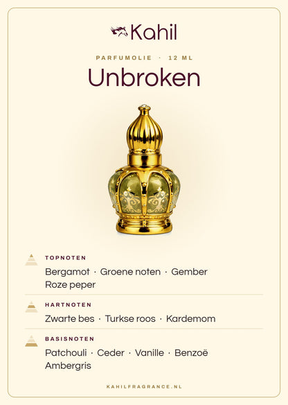 Fragrance notes of Kahil Unbroken perfume oil 12 ml: top notes bergamot, green notes, ginger, pink pepper; heart notes blackcurrant, Turkish rose, cardamom; base notes patchouli, cedar, vanilla, benzoin, ambergris