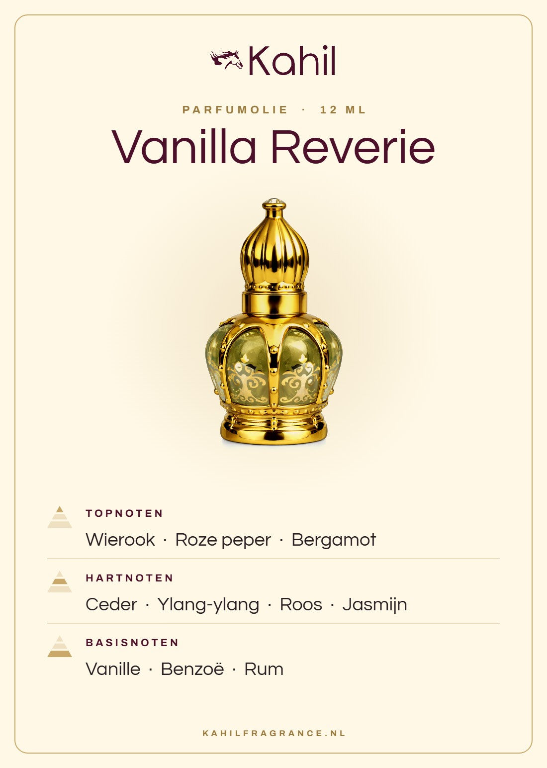 Fragrance notes of Kahil Vanilla Reverie perfume oil 12 ml: top notes incense, pink pepper, bergamot; heart notes cedar, ylang-ylang, rose, jasmine; base notes vanilla, benzoin, rum
