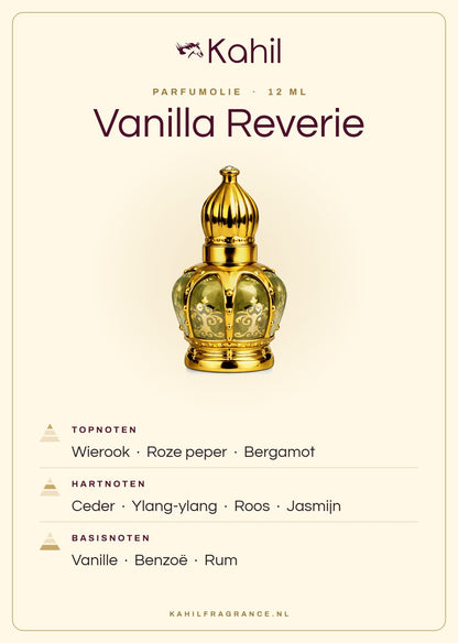 Fragrance notes of Kahil Vanilla Reverie perfume oil 12 ml: top notes incense, pink pepper, bergamot; heart notes cedar, ylang-ylang, rose, jasmine; base notes vanilla, benzoin, rum