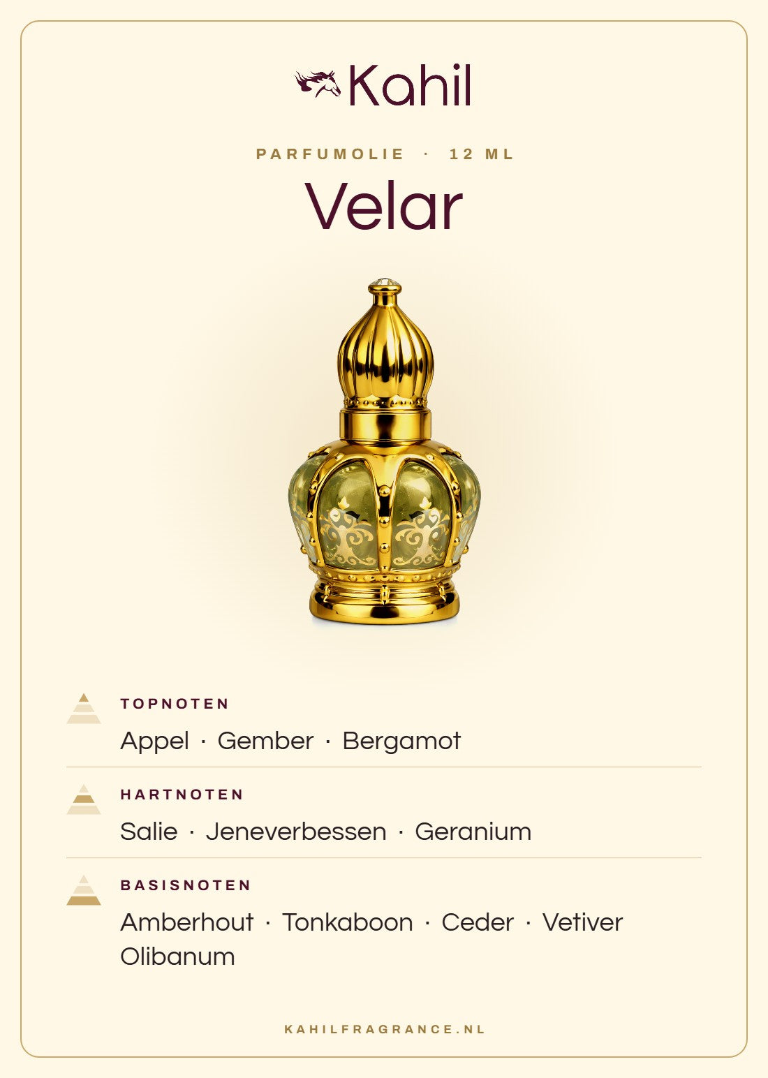 Duftnoten von Kahil Velar Parfümöl 12 ml: Kopfnoten Apfel, Ingwer, Bergamotte; Herznoten Salbei, Wacholderbeeren, Geranie; Basisnoten Amberholz, Tonkabohne, Zeder, Vetiver, Olibanum