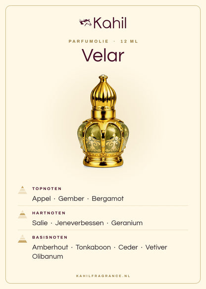 Duftnoten von Kahil Velar Parfümöl 12 ml: Kopfnoten Apfel, Ingwer, Bergamotte; Herznoten Salbei, Wacholderbeeren, Geranie; Basisnoten Amberholz, Tonkabohne, Zeder, Vetiver, Olibanum