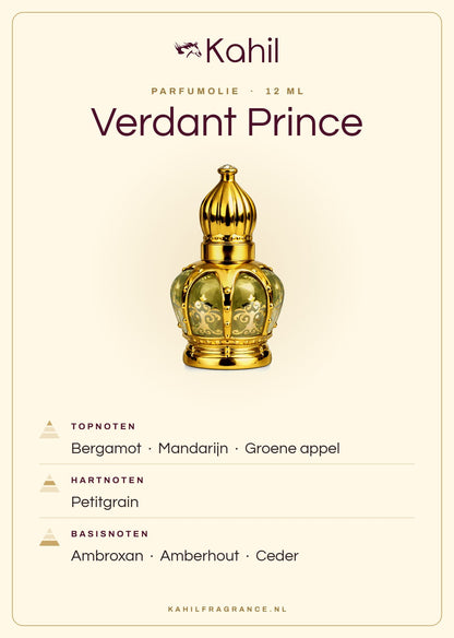 Duftnoten von Kahil Verdant Prince Parfümöl 12 ml: Kopfnoten Bergamotte, Mandarine, Grüner Apfel; Herznoten Petitgrain; Basisnoten Ambroxan, Amberholz, Zeder