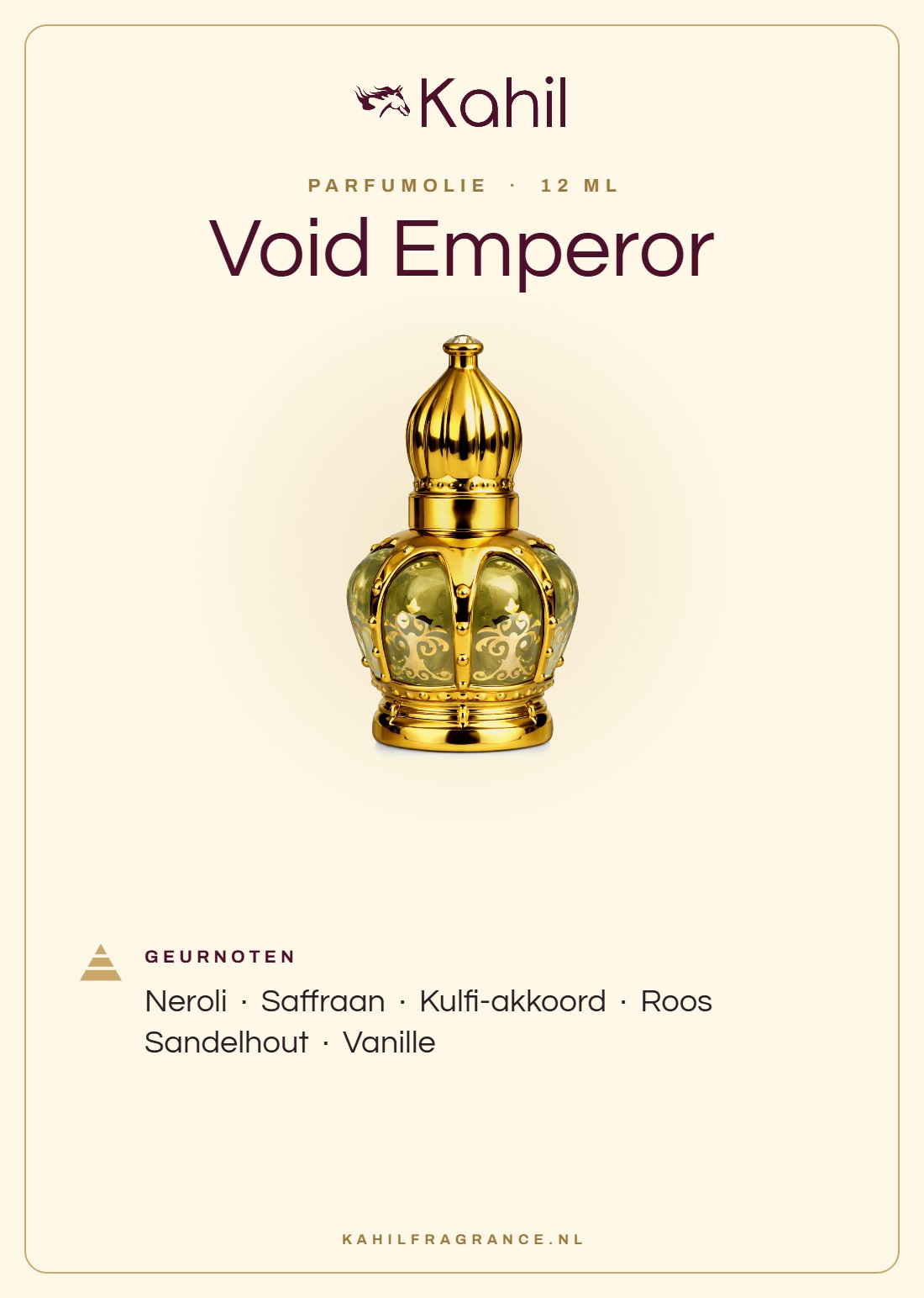 Duftnoten von Kahil Void Emperor Parfümöl 12 ml: Neroli, Safran, Kulfi-Akkord, Rose, Sandelholz, Vanille