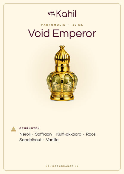Duftnoten von Kahil Void Emperor Parfümöl 12 ml: Neroli, Safran, Kulfi-Akkord, Rose, Sandelholz, Vanille