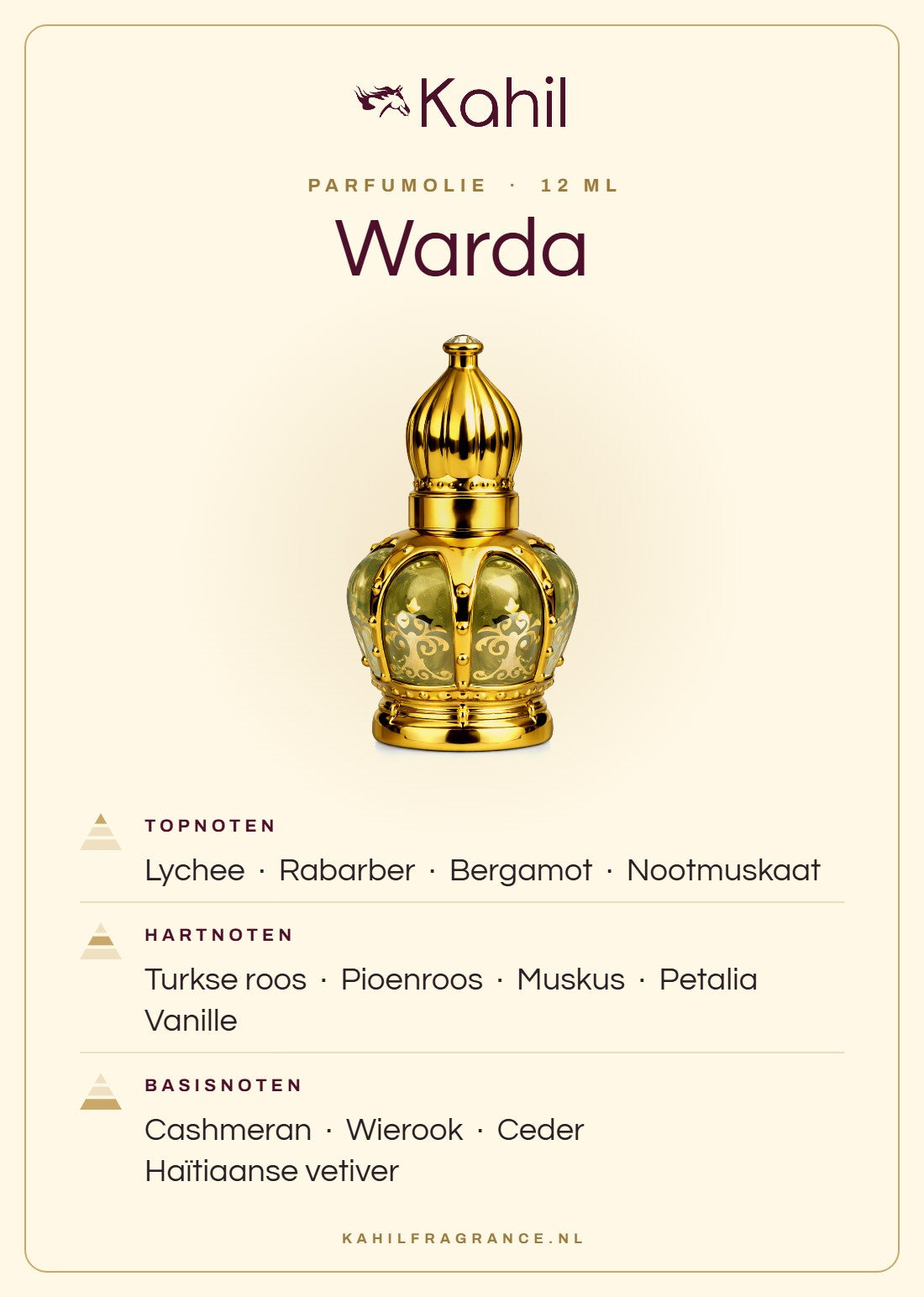 Duftnoten von Kahil Warda Parfümöl 12 ml: Kopfnoten Litschi, Rhabarber, Bergamotte, Muskatnuss; Herznoten Türkische Rose, Pfingstrose, Moschus, Petalia, Vanille; Basisnoten Cashmeran, Weihrauch, Zeder, Haitianisches Vetiver