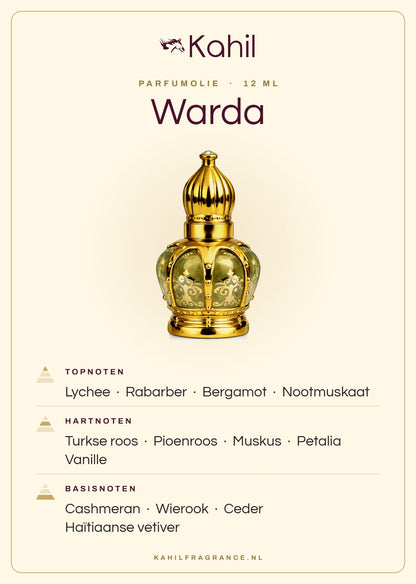 Duftnoten von Kahil Warda Parfümöl 12 ml: Kopfnoten Litschi, Rhabarber, Bergamotte, Muskatnuss; Herznoten Türkische Rose, Pfingstrose, Moschus, Petalia, Vanille; Basisnoten Cashmeran, Weihrauch, Zeder, Haitianisches Vetiver